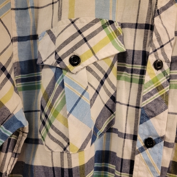 American Fusion Gear Mens Large Short Sleeve Shirt Blue Green Plaid Button Up - Picture 5 of 5